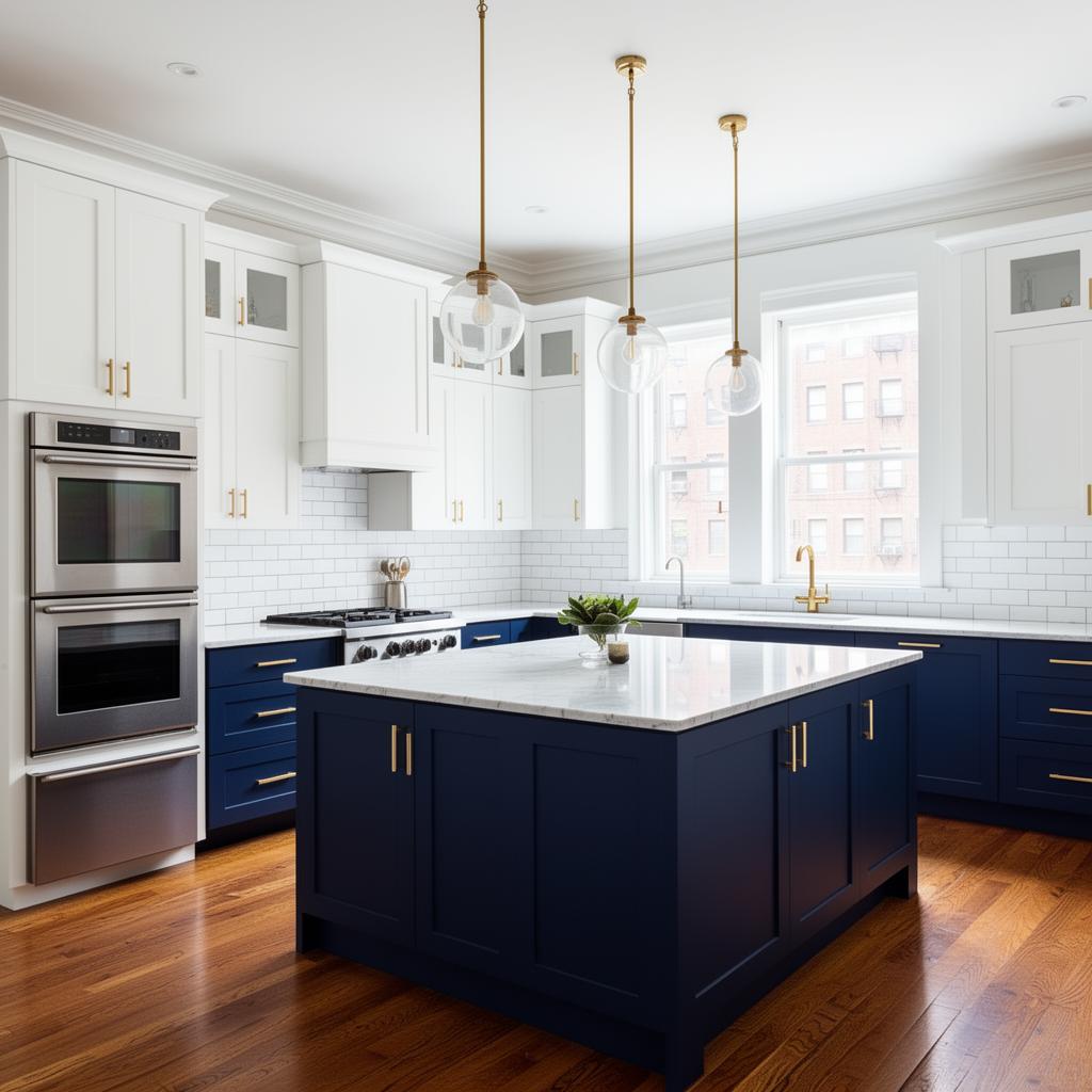 Brownstone kitchen — navy & brass